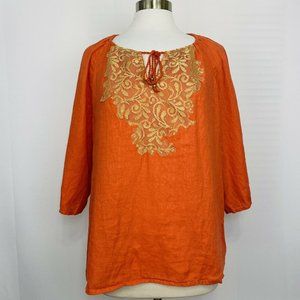 Chico’s 3P PXL Top Tunic 100% Linen Orange Gold Lace Tie Neck #RR